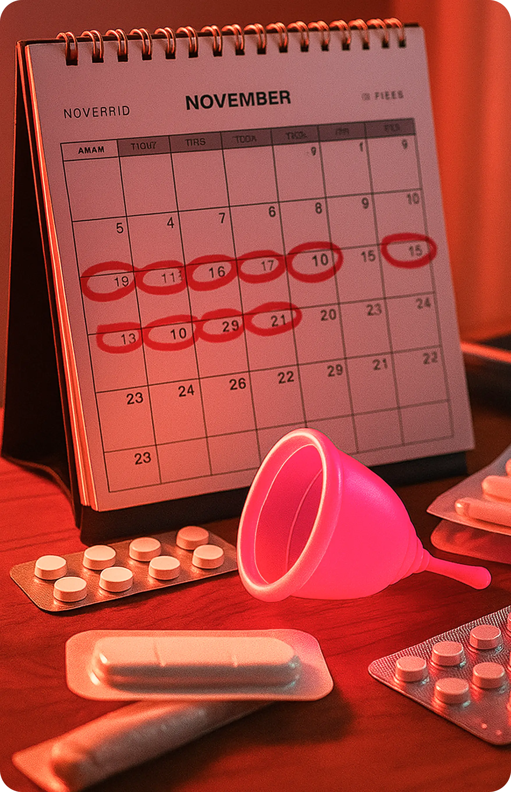 Calendar with menstrual tracking items